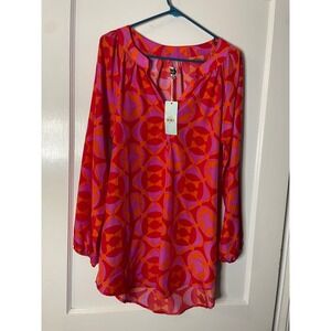 Mud Pie Samantha Sleeve Tunic Azalea Print Red Pink Orange‎ Women's L